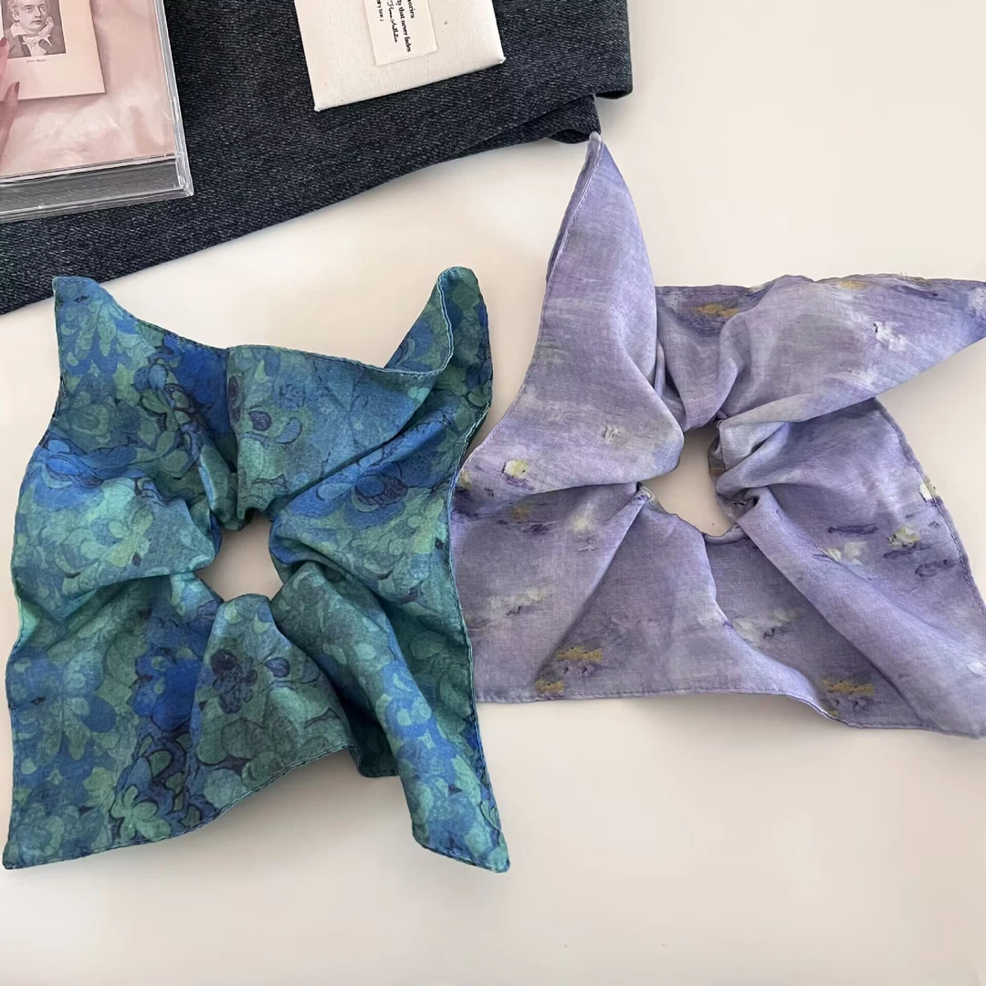 油画新款花园法式大肠方巾发圈头绳马尾丸子碎花气质高级方形发饰