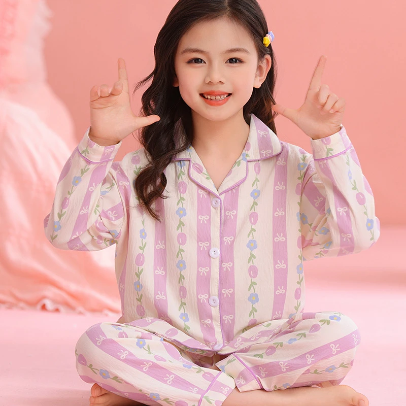 女童卡通空调服春秋季长袖薄款儿童睡衣开衫清新中大童家居服套装