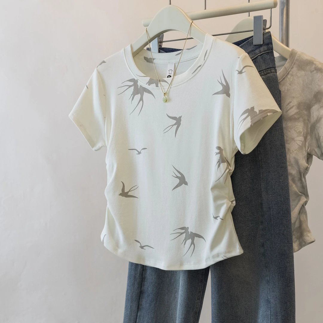 yoewshean/羽媗微胖mm莺啼燕语大码女装圆领短袖t恤夏季遮肚显瘦