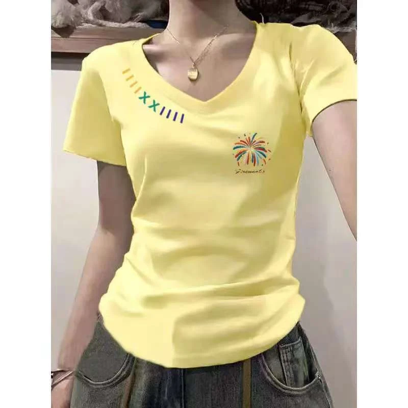 【ZHAP】薄款甜美清新印花V领学院打底衫设计感宽松显瘦打夏季辣妹