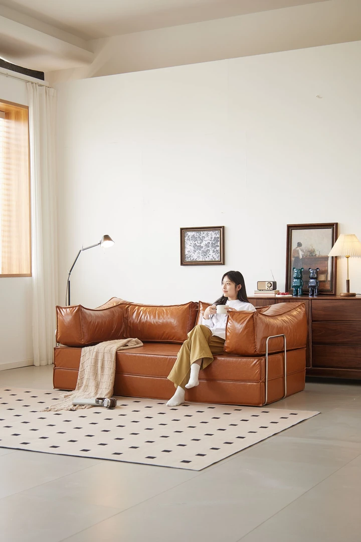 2025新款中古风油蜡皮沙发模块客厅双三人折叠两用布丁沙发床