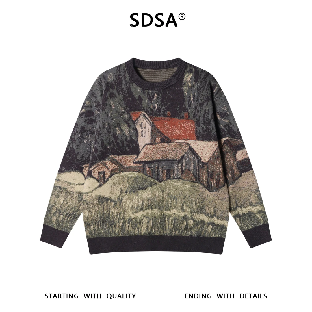 SDSA男士秋冬新款痞帅男装时尚彩绘房子提花圆领毛衣百搭宽松上衣