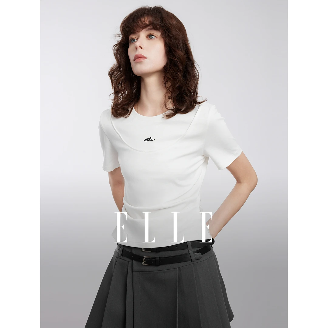 【王雪糕专属】ELLE白色圆领设计感褶皱修身T恤2025春季新款ET50833