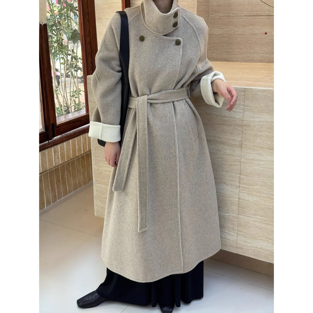 DUCURNO法式优雅毛呢外套女冬季2025新款复古长款宽松大码双面呢