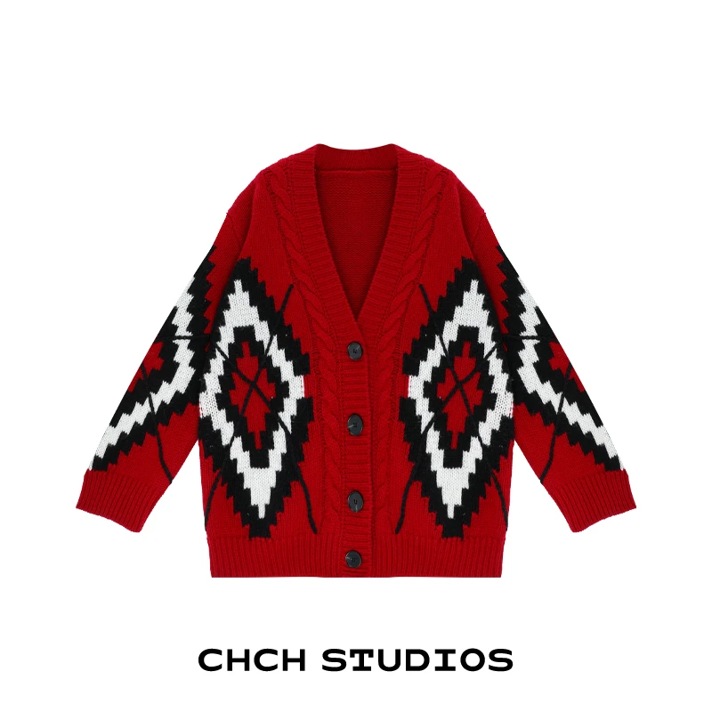 RAKS113770时尚几何格纹提花毛针织开衫2025年冬季长袖单排扣毛衣