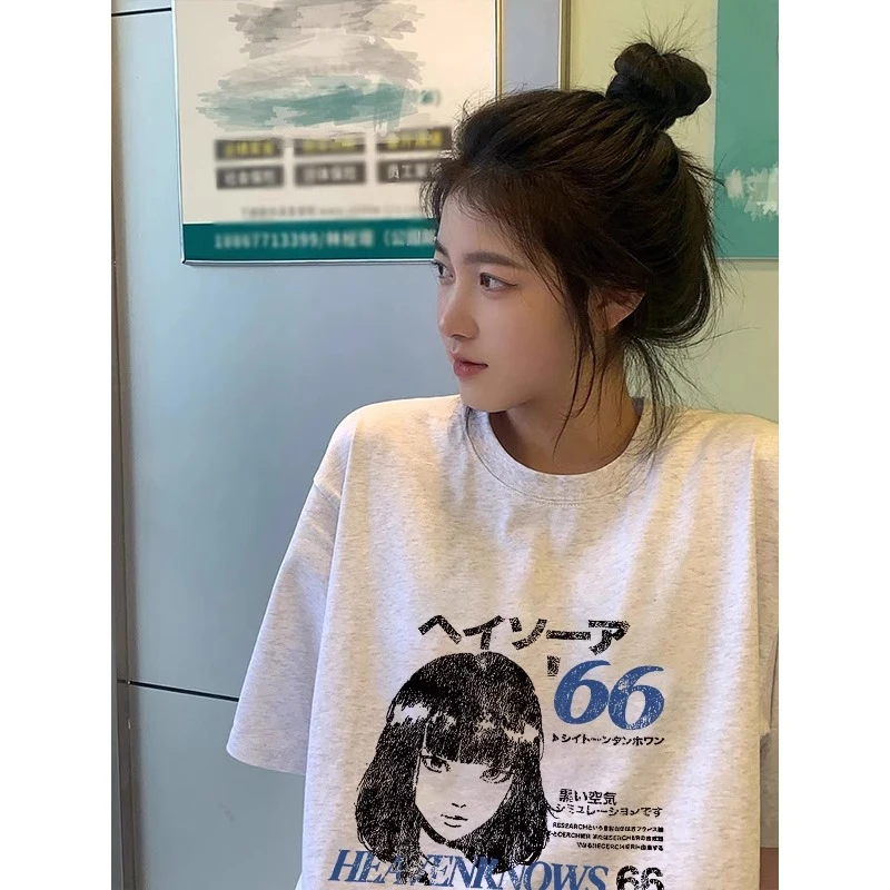 新款痞帅街头女孩印花纯棉短袖上衣女夏季oversize宽松百搭T恤ins