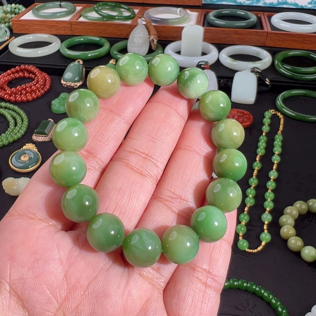 和田玉（碧玉）未镶嵌手串新疆黑羊洞碧玉12mm手串