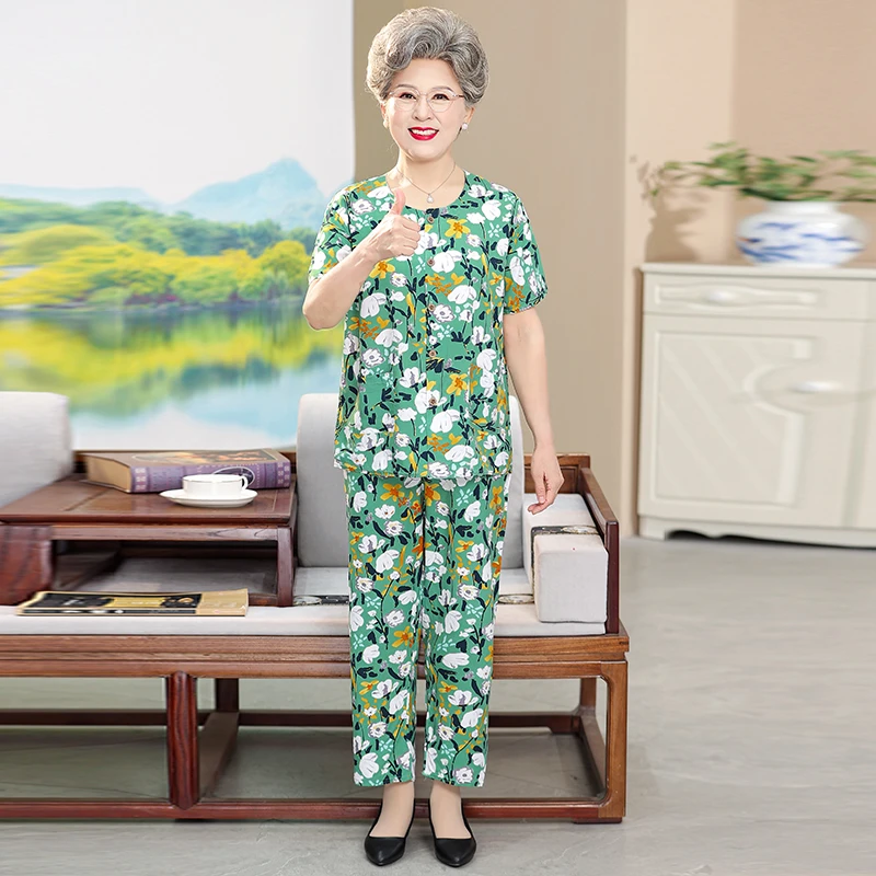 绵绸睡衣女套装2025年新款夏季短袖九分裤奶奶两件套妈妈装家居服