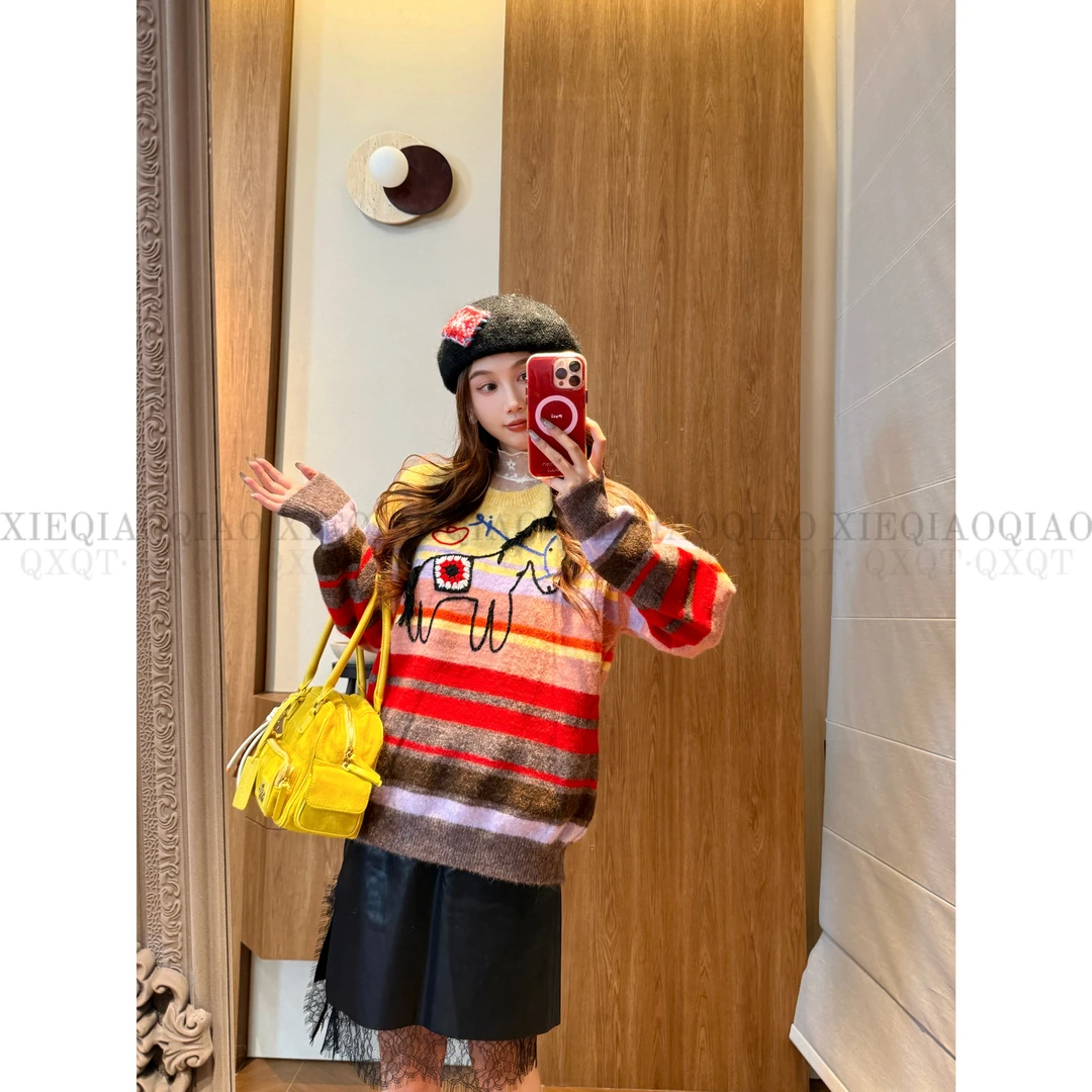 谢荞荞「虹彩小马」羊毛秋冬新款小众撞色条纹刺绣设计宽松套头毛衣