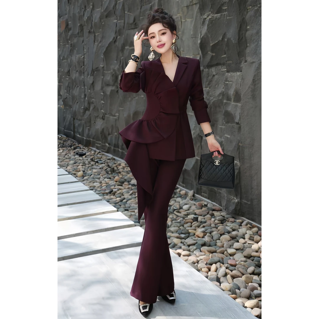 ZEROYK高端职业女装设计感立体荷叶边名媛气质西服长裤通勤两件套