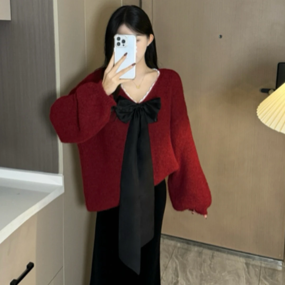 Simm思皿皿2024圣诞跨年红色毛衣宽松中长款【配蝴蝶结胸针1个】
