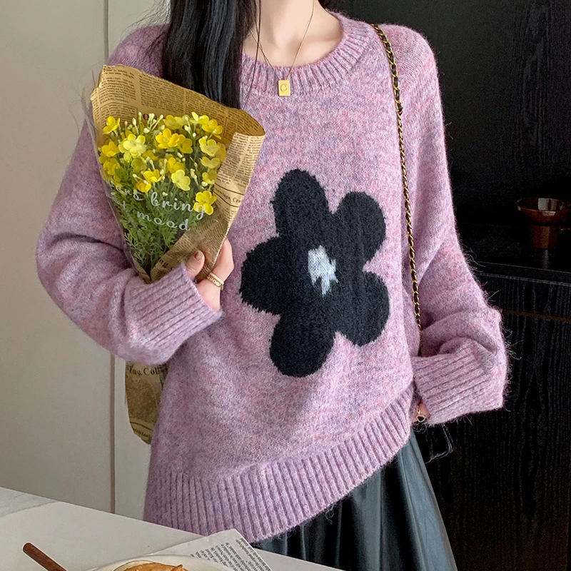 现货秋冬新款韩版设计感圆领套头彩色毛纱花朵撞色毛衣女针织衫女