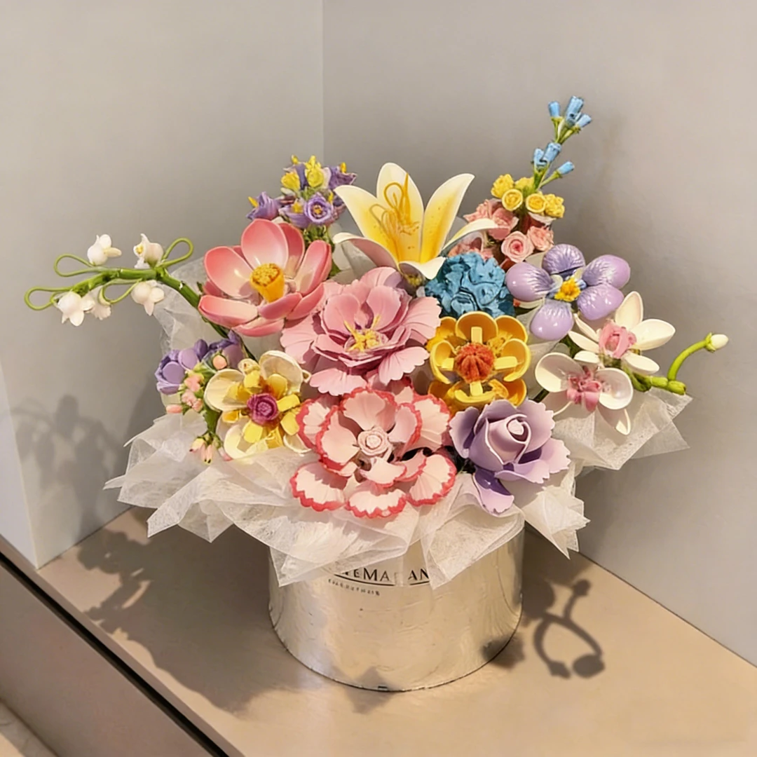 【栀子花开】桃花朵朵积木花束拼装一整套DIY材料包送材料包礼物