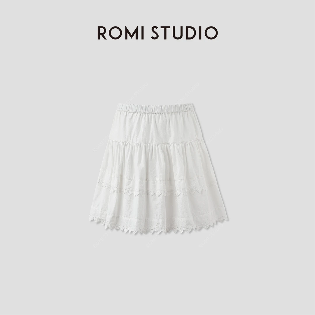 ROMI STUDIO100%长绒棉双层裁片绣花A字高腰松紧半裙RWCSXL3474