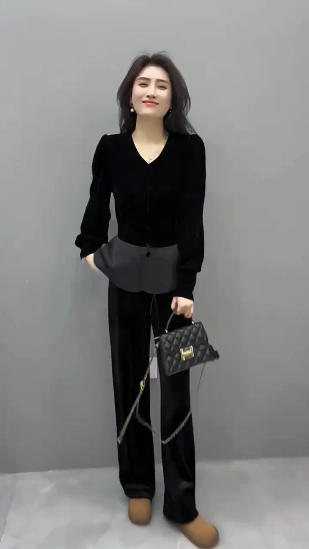 2025秋冬时尚高级感复古轻熟风丝绒套装黑色