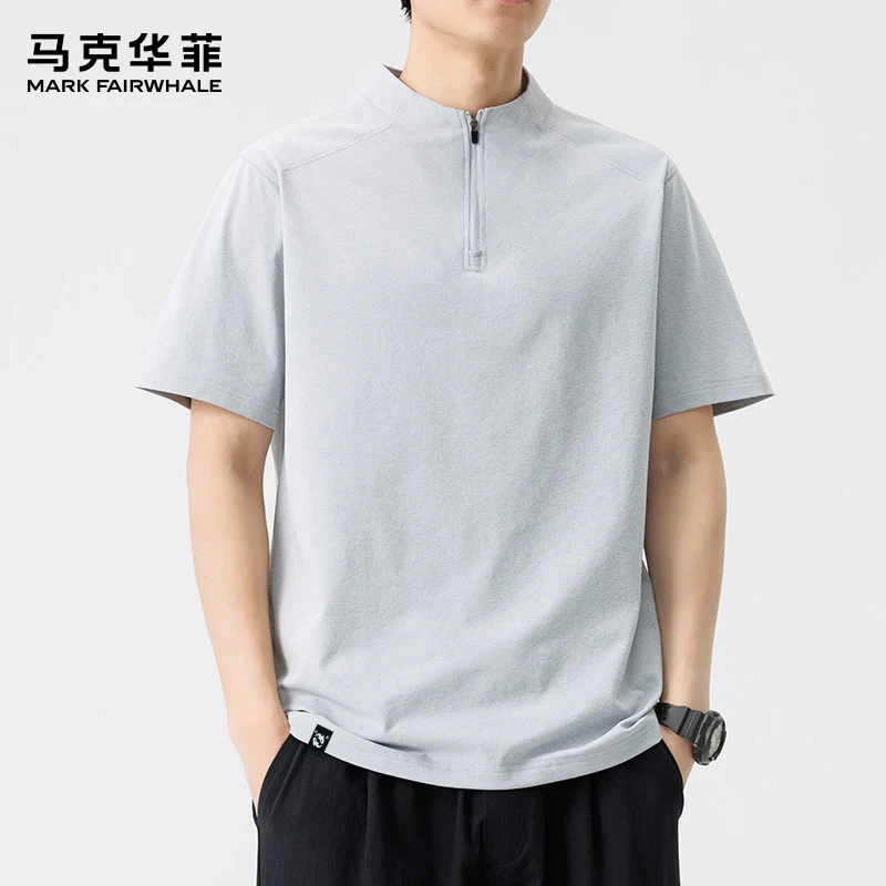 马克华菲大码短袖t恤男款夏季薄款立领半拉链体恤衫加肥上衣半袖
