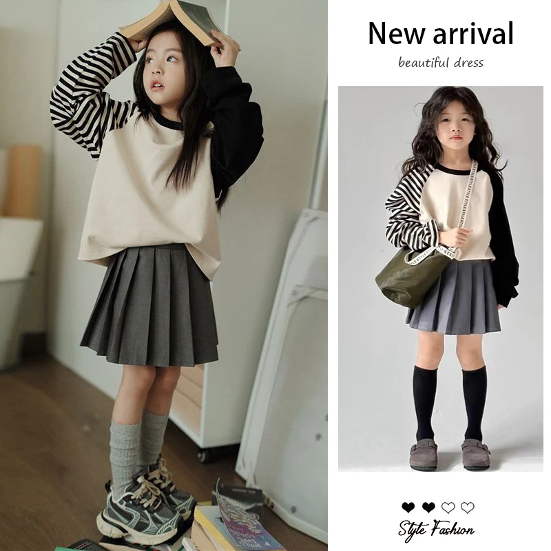 女童春秋短裙套装新款儿童服装女孩洋气设计感t恤百褶裙两件套潮
