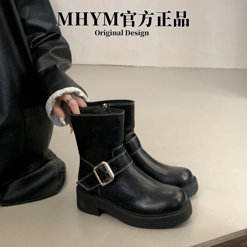 2025秋冬新款 寒冰机车短靴皮带扣中筒靴休闲马丁靴