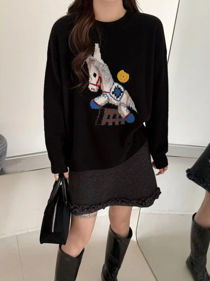9552-3932 小马提花刺绣宽松加厚百搭韩版毛针织衫套头