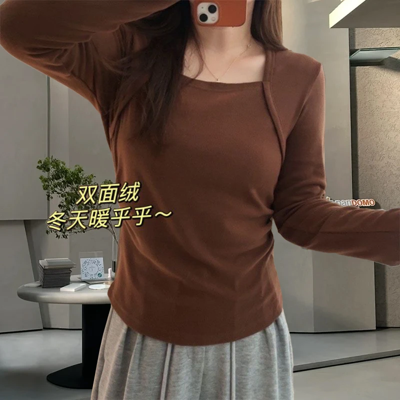 大码200斤设计感方领纯色正肩长袖t恤女春季遮肉显瘦打底上衣体恤
