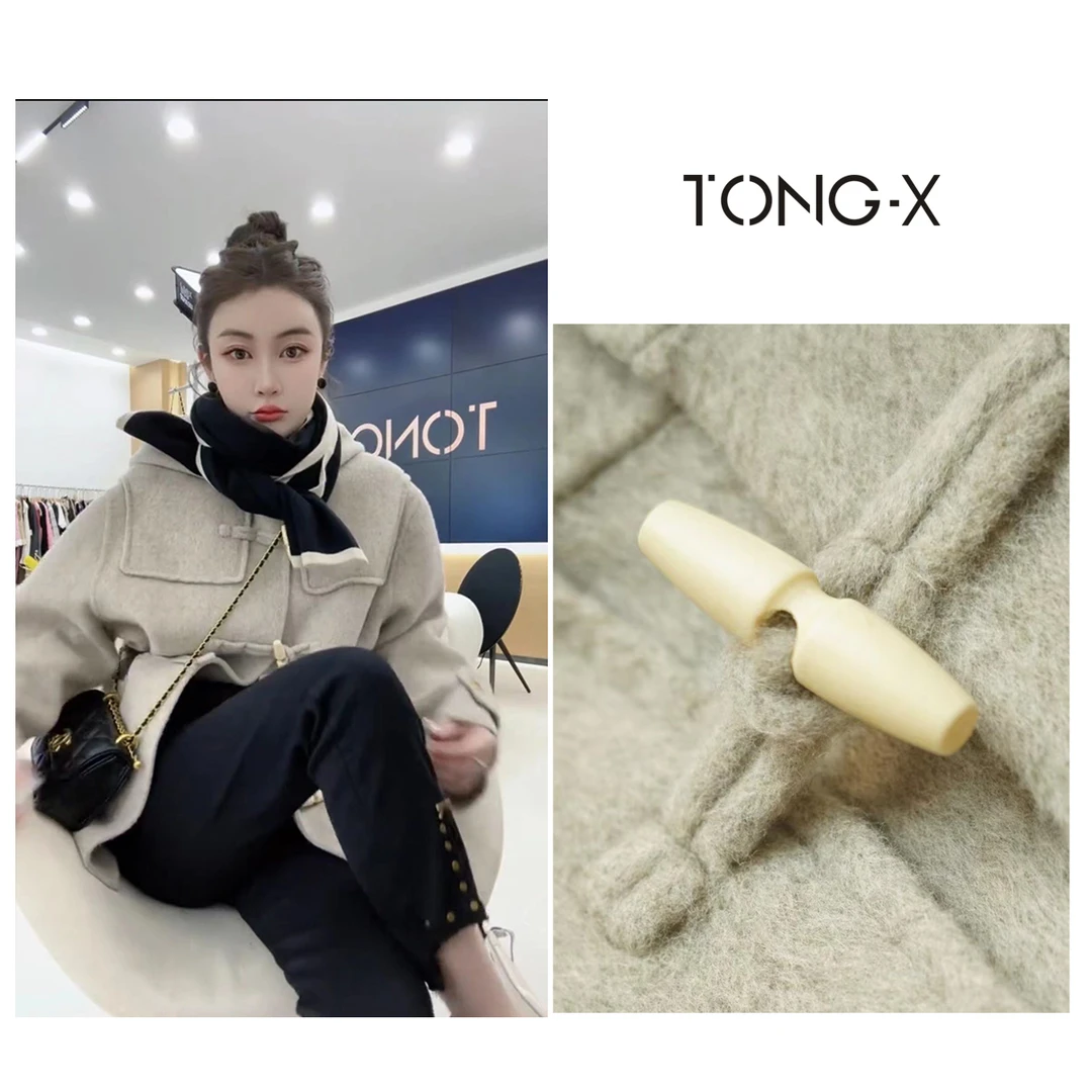 【同瑄品牌】初秋新款高端双面羊毛牛角扣手工大衣 H1704