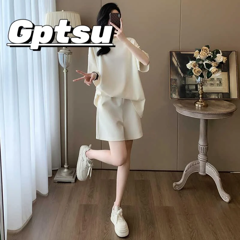 GPTSu杏色休闲运动套装女2025夏季新款时尚小个子短袖短裤两件套