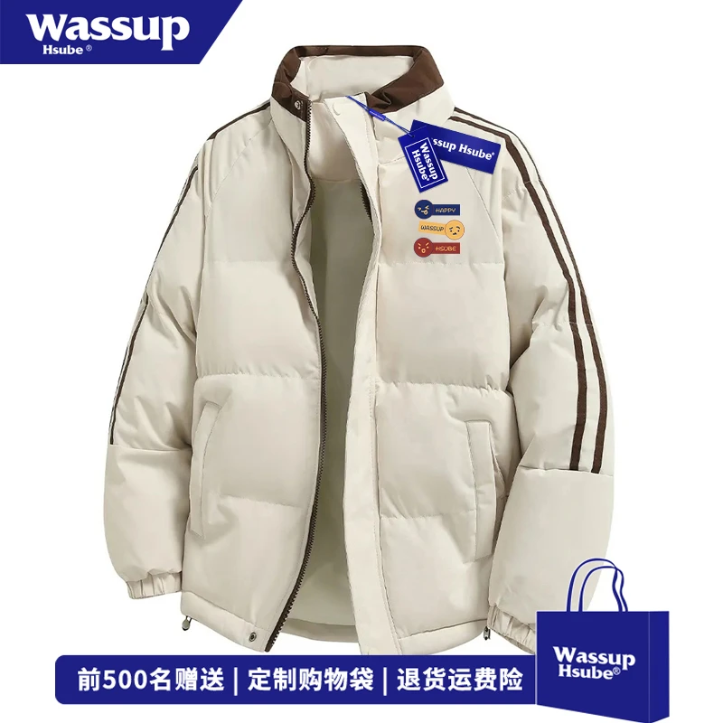WASSUP HSUBE创意表情字母印花立领棉服男女冬季保暖三条杠面包服
