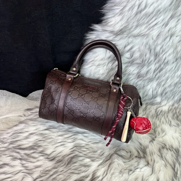 95新 GUCCI/古驰 小号巧克力色老花手提波士顿