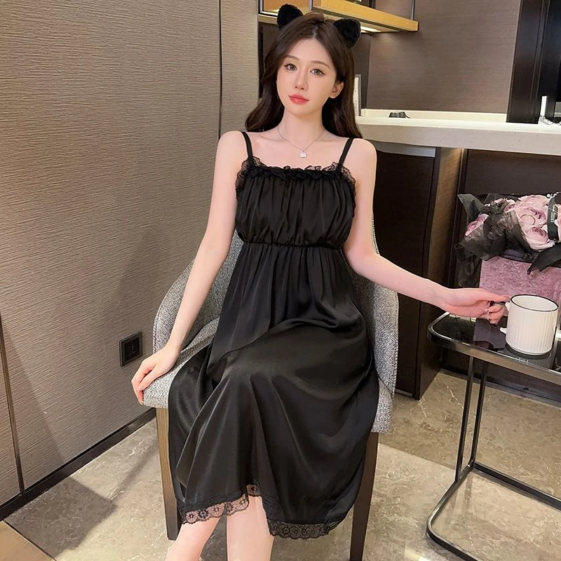 吊带冰雪丝黑色中长款睡裙2025春秋新款冰丝纯色黑裙可外穿睡衣女