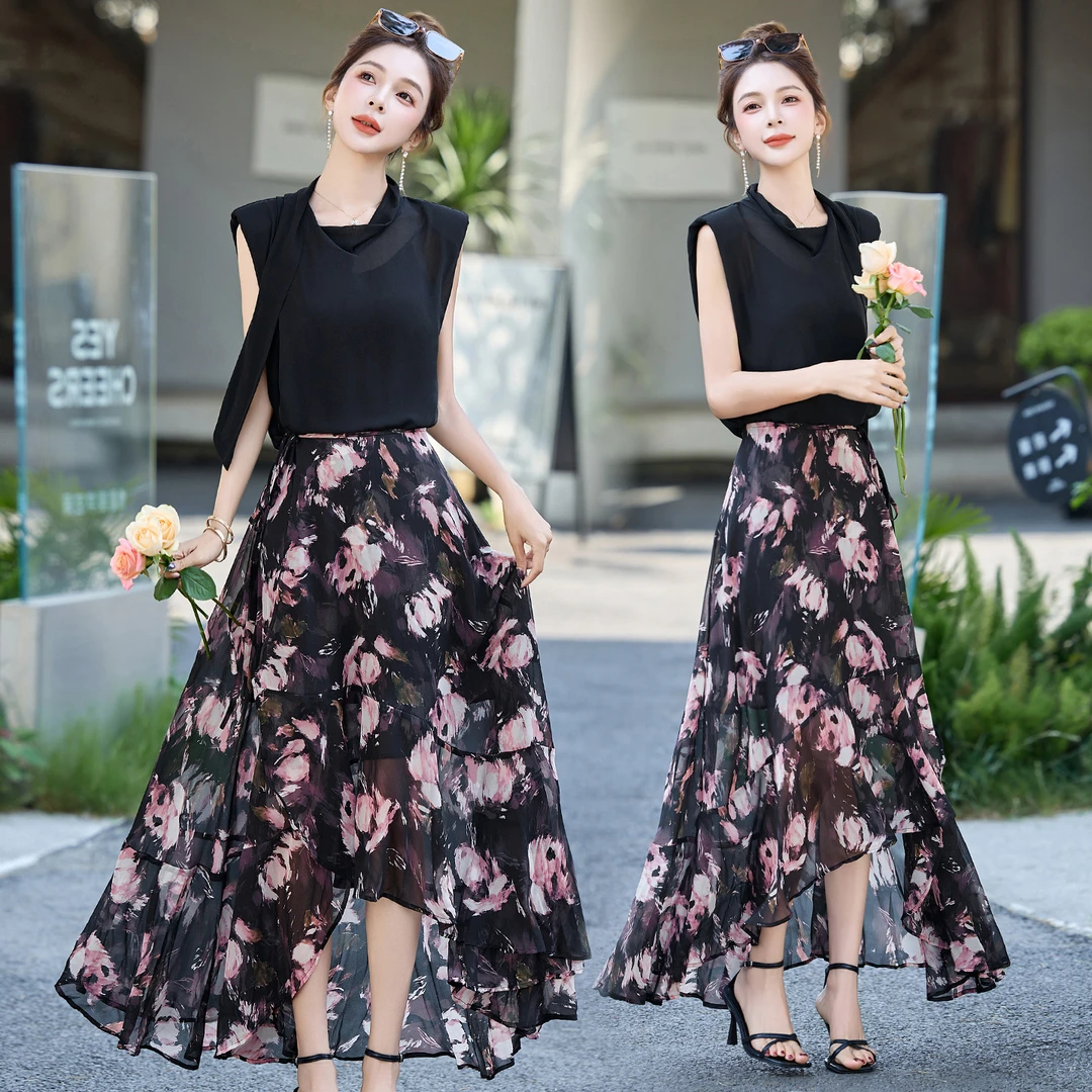复古港风碎花套装裙女2025年夏季新款高端大气轻熟风半身裙两件套