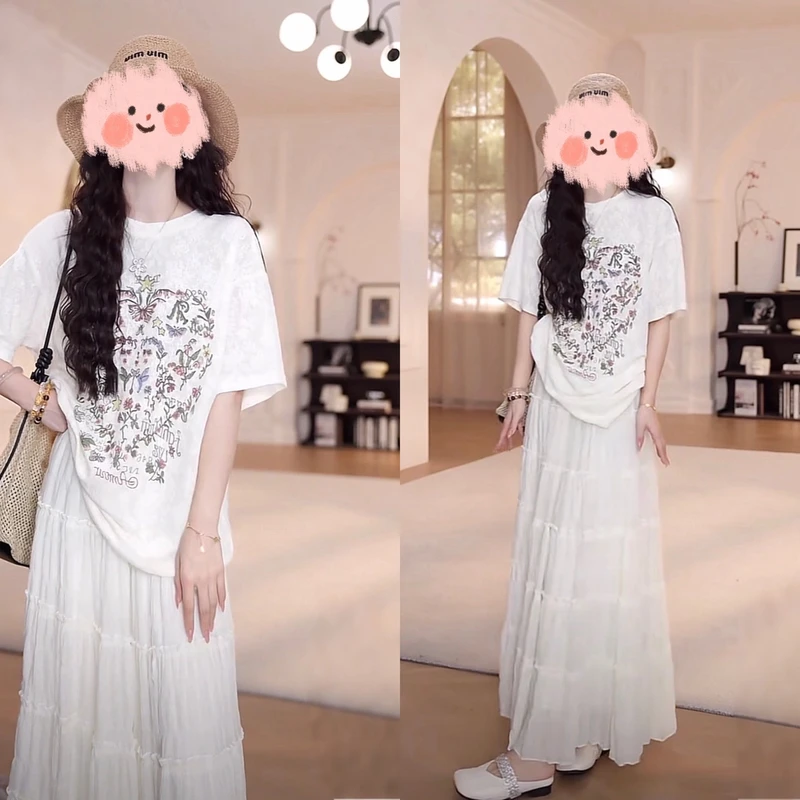 时尚遮肉蕾丝提花T恤短袖2025新款气质松紧腰网纱蛋糕半身裙套装