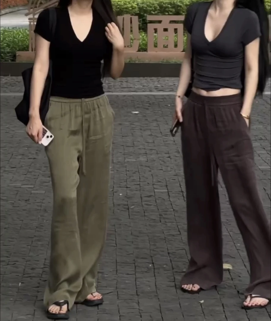 新款时尚净版休闲百搭短袖上衣高腰纯色直筒阔腿裤洋气女装T1213