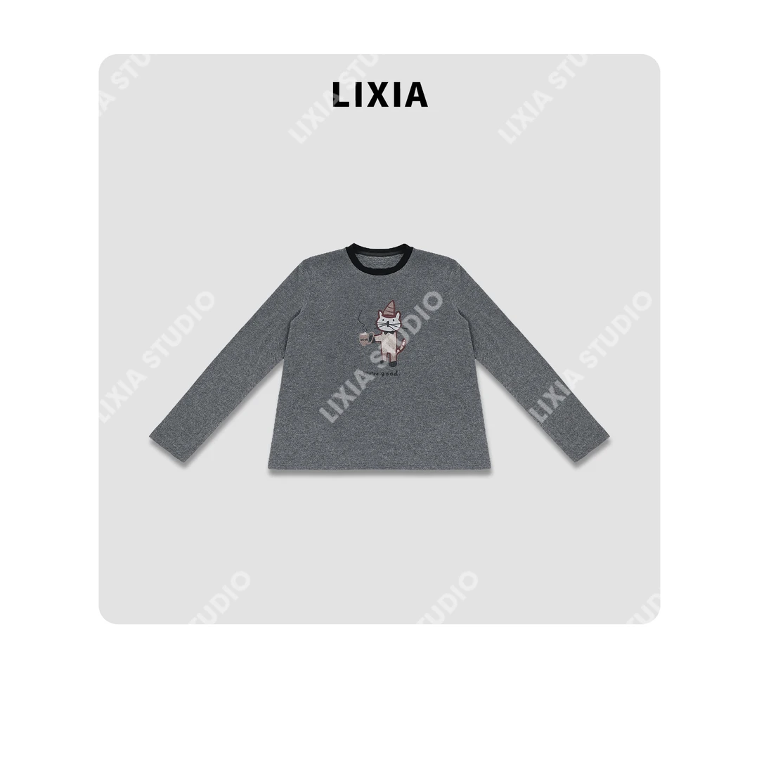 LIXIA【圣诞小猫】设计师款印花小猫圆领长袖T恤-D10681