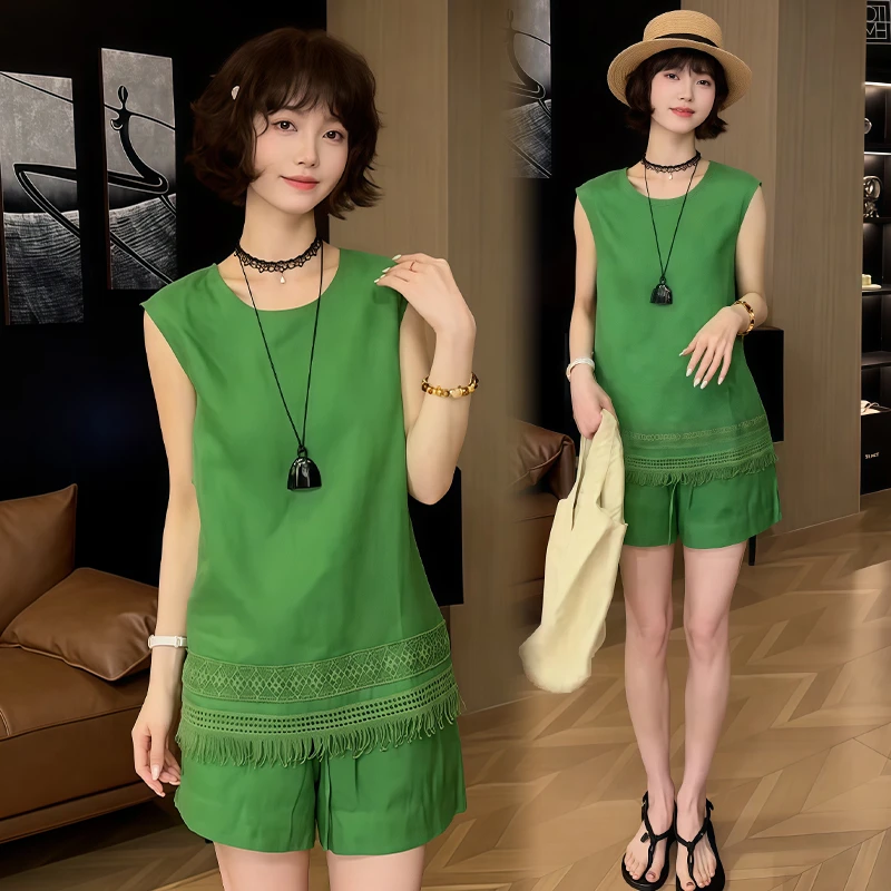 小个子韩版休闲套装女2025年夏季新款宽松简约无袖上衣短裤两件套