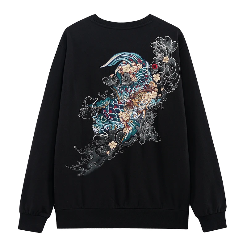 ONIARAI/鬼洗泥棒蓝花麒鲤刺绣圆领休闲男士卫衣全棉23NOB50