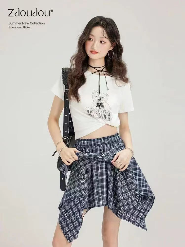拉夏贝尔不规则绑带半身裙女2025夏季设计感小众格子a字短裙