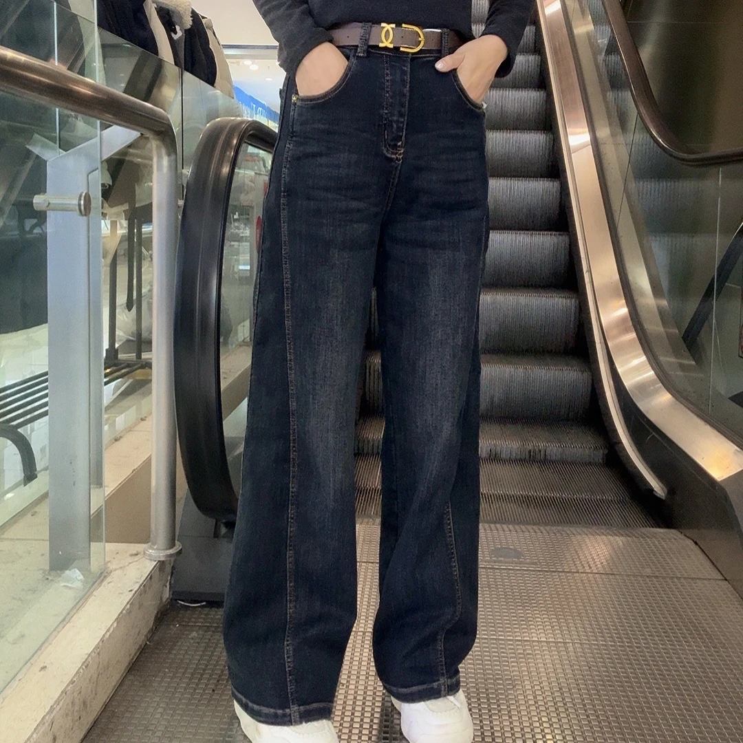 秋冬新款显瘦牛仔裤加肥加大码直筒遮肉减龄阔腿裤（加厚不加绒）