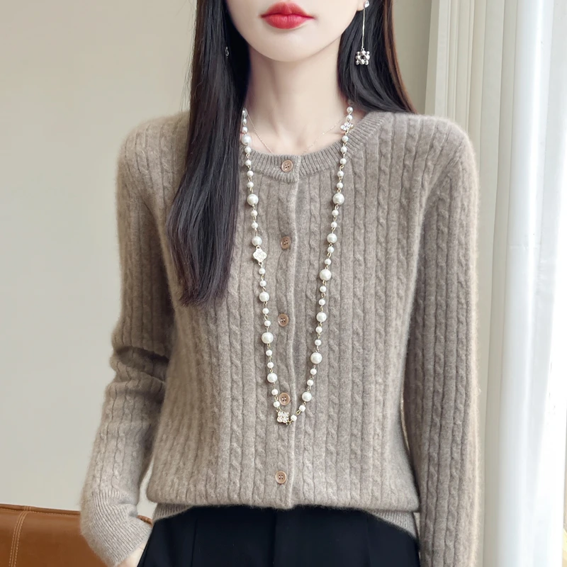 100%纯羊毛开衫女圆领宽松百搭针织衫秋冬新款纯色长袖羊绒衫外套