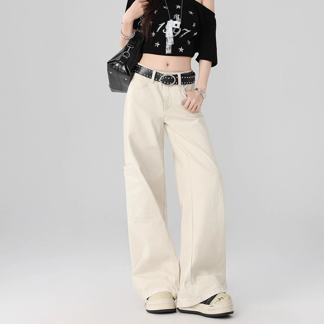 2025年新款美式垂感杏色阔腿工装裤女辣妹高腰宽松休闲牛仔裤夏季