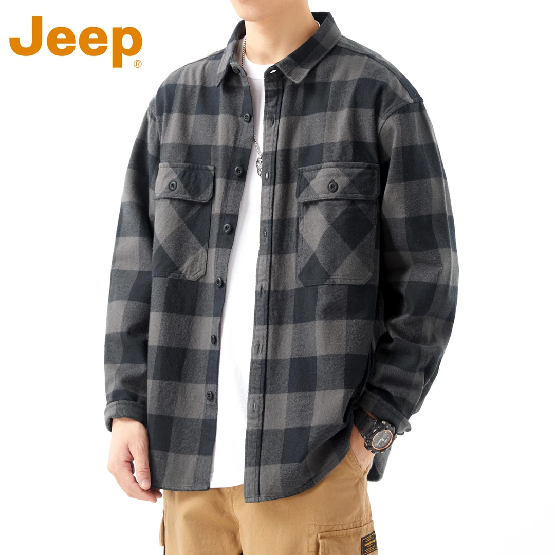 JEEP吉普美式重磅格子衬衫男士秋季纯棉宽松磨毛翻领撞色长袖开衫