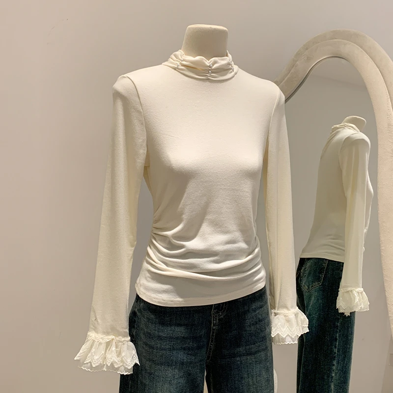 纯欲钉珠半高领打底衫女春秋季新款褶皱蕾丝边喇叭袖修身内搭上衣
