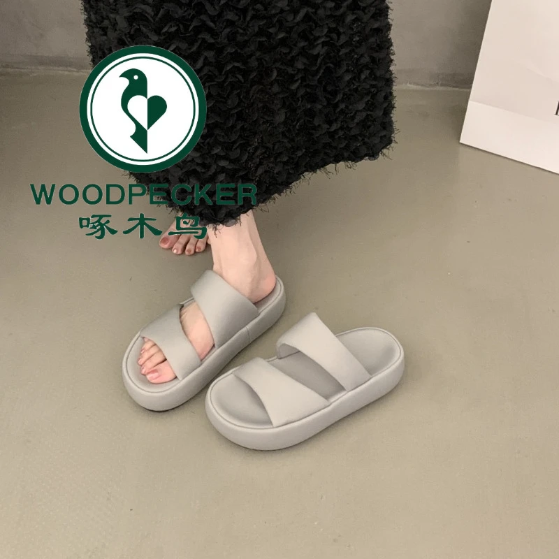 啄木鸟绝美厚底黑色凉拖鞋女夏外穿2025新款不累脚超火一字带凉鞋