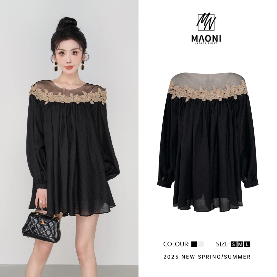 毛妮Peshe【一字肩连衣裙】拼接长袖设计感温柔衬衫裙2025春L1255