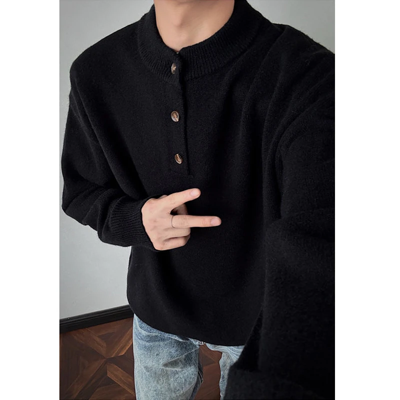 灰色美式亨利领针织毛衣男冬季慵懒风cleanfit内搭打底针织衫外套