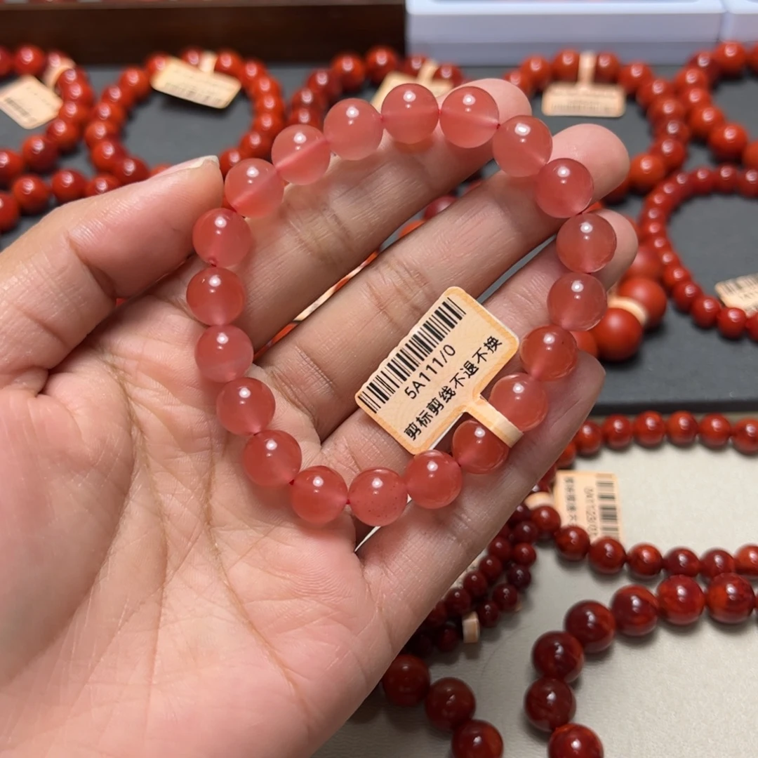 南红玛瑙未镶嵌手串9mm小加樱桃粉圆珠手串