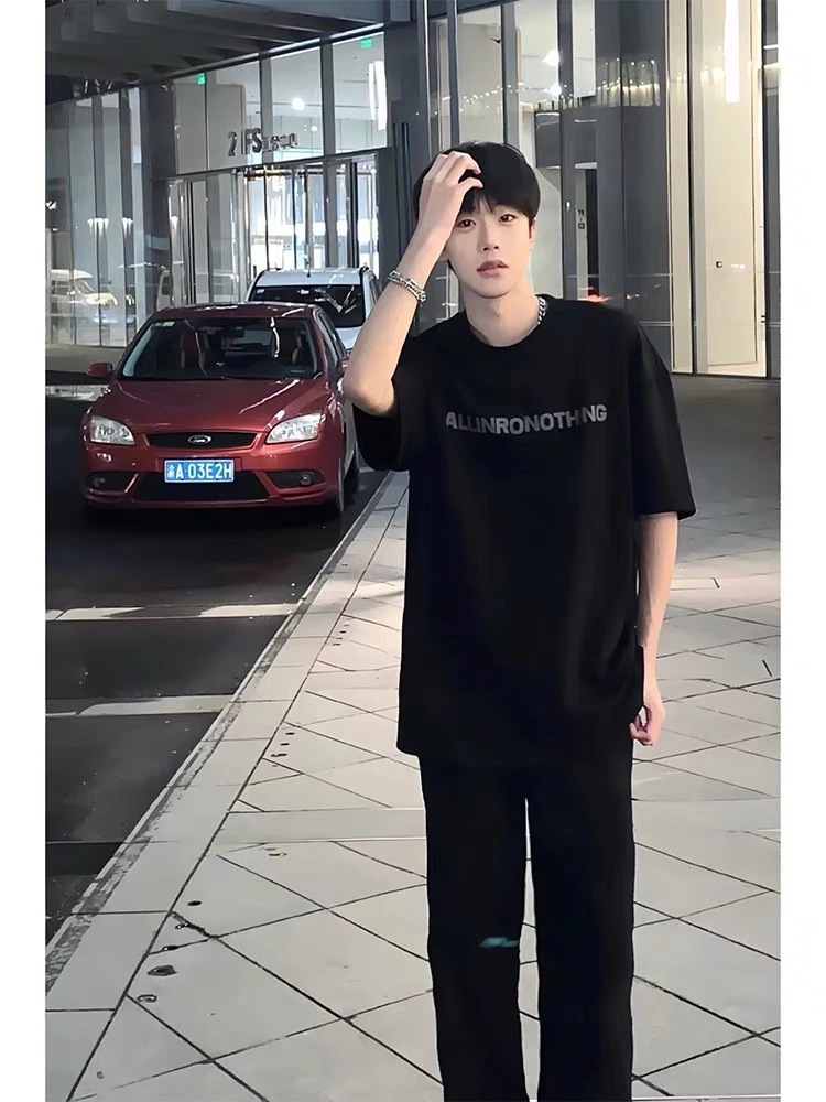 美式潮牌短袖T恤男夏季2025新款宽松慵懒风黑色重磅纯棉体恤上衣