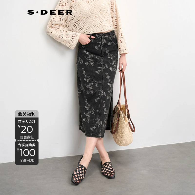 S·DEER圣迪奥复古印花休闲优雅春夏重工轻奢开叉半身裙S252Z1106