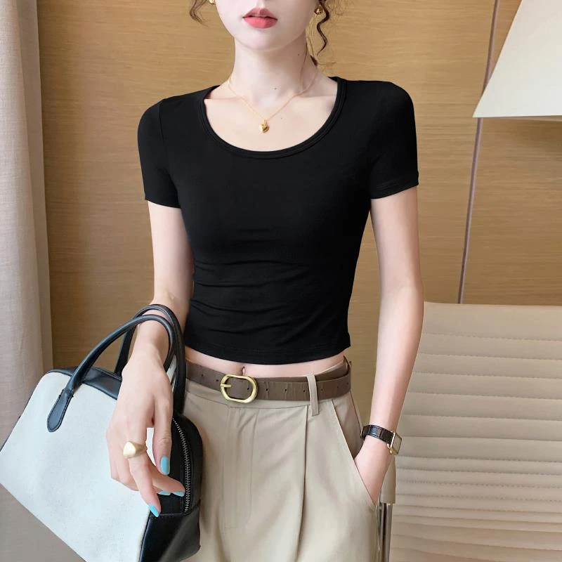 黑色圆领莫代尔短款短袖t恤女夏季冰丝薄款修身显瘦高腰露脐上衣