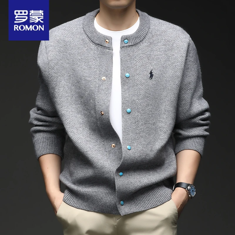 罗蒙秋季休闲男士针织开衫时尚小马标刺绣高级感中青年男装外套潮