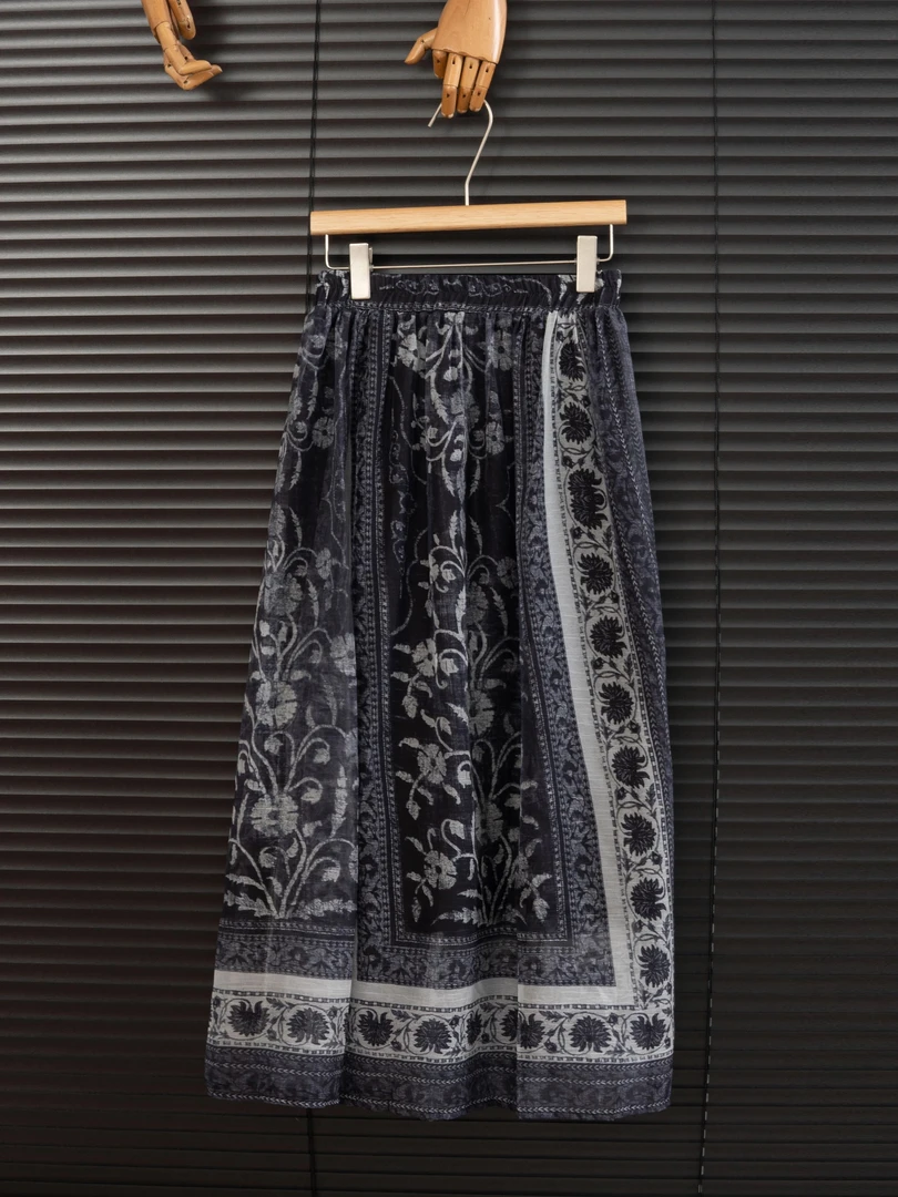 I1909复古高腰印花纱裙半身裙女2025春夏新款民族风显瘦A字长裙子